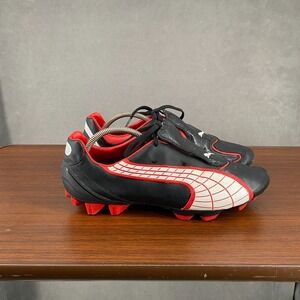 Puma V3.10 FG Mens US 12 Soccer Shoes Black Red White Leather Lace Up Cleats
